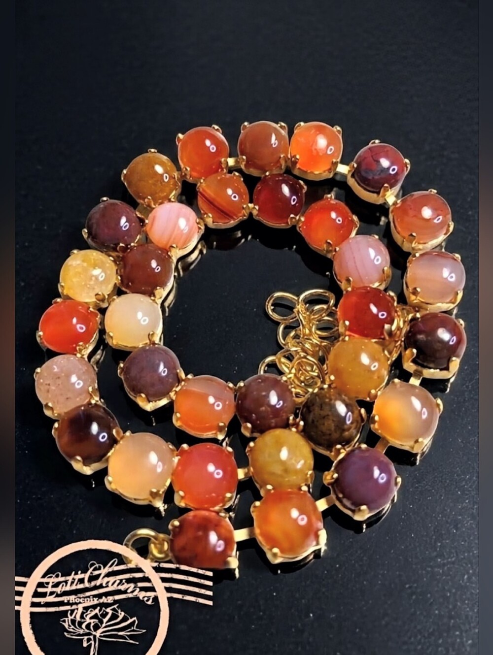 Genuine Red, Orange, Yellow Indian Agates in 14k Gold Plated Classic Necklace